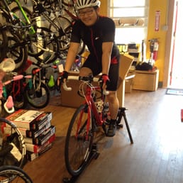 Getting my awesome bicycle fitted at a great bike shop.