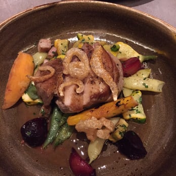 Clarity - Pork loin with pork rinds, bacon jus, pork belly, peaches, and baby beets. - New American Near Me - Vienna, Virginia Clarity - Pork loin with pork rinds, bacon jus, pork belly, peaches, and baby beets. - New American Near Me - Vienna, Virginia