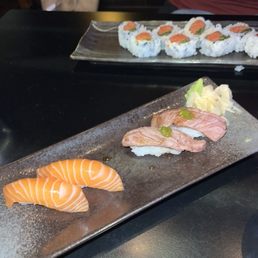 Salmon roll, salmon nigiri , beef nigiri