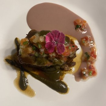 The Guarden - Short rib lau lau: Red wine braised beef short rib, luau leaf purée, house cured lomi salmon, Hawaiian chili pepper water, sour poi - Personal Chefs Near Me