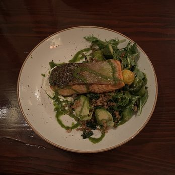 The Raymond 1886 - Ocean Trout : red wheatberry salad, Brussels, mixed greens, wilted tomato, smoked goat cheese, basil oil - New American Near Me - Pasadena, California The Raymond 1886 - Ocean Trout : red wheatberry salad, Brussels, mixed greens, wilted tomato, smoked goat cheese, basil oil - New American Near Me - Pasadena, California