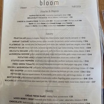 Bloom - The front page of the menu. - Tapas/Small Plates Near Me - Roanoke, Virginia