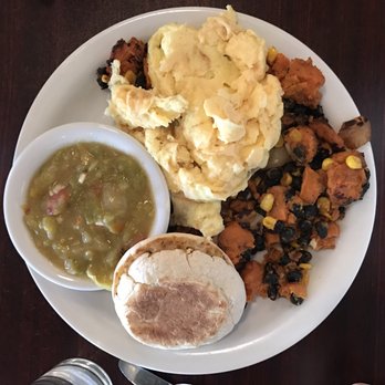 Ruperts at the Edge - Sweet potato hash with English muffin, green chili, and scrambled eggs! - Breakfast & Brunch Near Me - Edgewater, Colorado