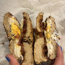Bacon, Egg, and Fig on a Sesame Bagel