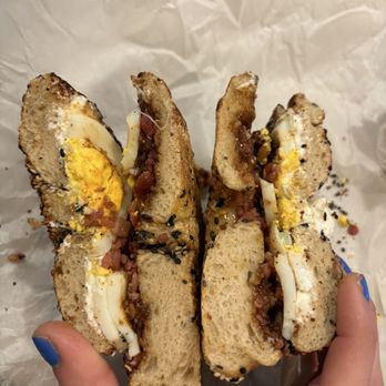 Black Sheep Bagel Cafe - Bacon, Egg, and Fig on a Sesame Bagel - Bagels Near Me - Cambridge, Massachusetts