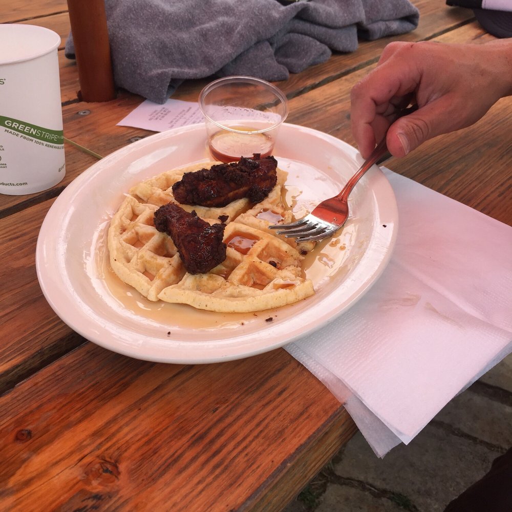 Pono Ranch - Well charred tiny piece of chicken on top of a deflated waffle. - American Near Me - Seattle, Washington Pono Ranch - Well charred tiny piece of chicken on top of a deflated waffle. - American Near Me - Seattle, Washington