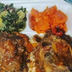 Doll's Kitchen - Otxails rice and gravy, greens mix with Cabbage and yams