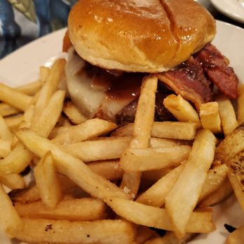 Bob Evans - Bacon burger with fries. Warning-not cooked to order,but my cheeseburger conisour husband loved it - American Near Me - Sarasota, Florida
