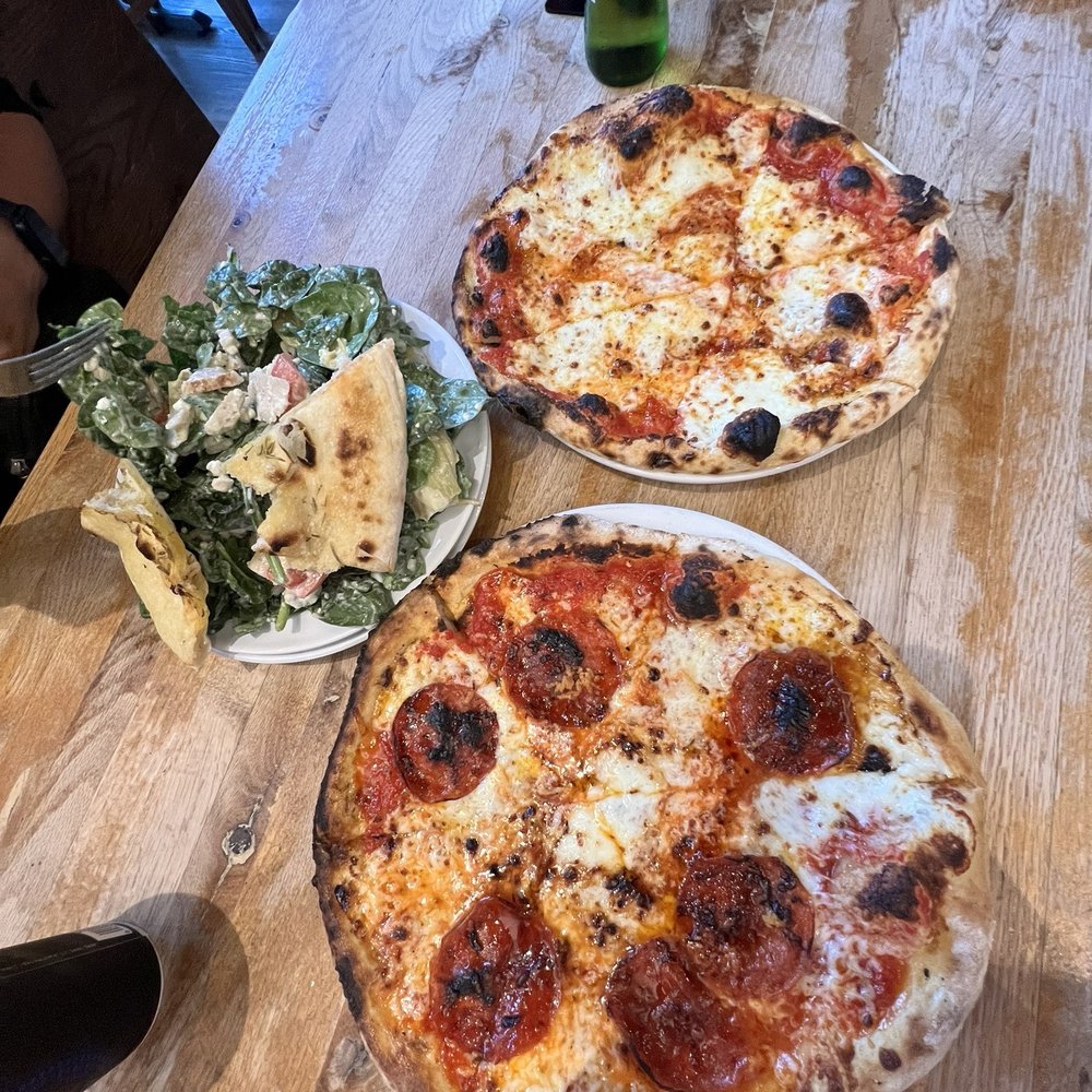 Hot honey pizza, classic pizza, and small salad Hot honey pizza, classic pizza, and small salad