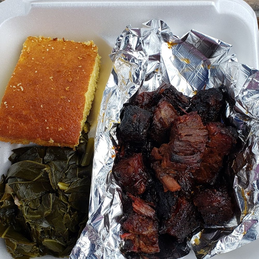 The Redneck BBQ Lab - Burnt tips, collards and corn bread. - Barbeque Near Me - Benson, North Carolina