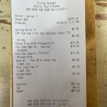 Crying Thaiger - Receipt for meal. Well worth the trek to this restaurant for a late lunch. - Thai Near Me - Malden, Massachusetts Crying Thaiger - Receipt for meal. Well worth the trek to this restaurant for a late lunch. - Thai Near Me - Malden, Massachusetts
