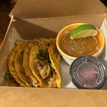 Adobo Mexican Grill - Chicken Birria Tacos with side or red onions and oh course their consume! - Tex-Mex Near Me - Selden, New York Adobo Mexican Grill - Chicken Birria Tacos with side or red onions and oh course their consume! - Tex-Mex Near Me - Selden, New York
