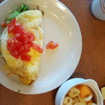 Denny's - Veggie omelette on the senior fit menu. Comes with a side of fruit and an English muffin. A good deal for under eight bucks. - American Near Me - Baker, California