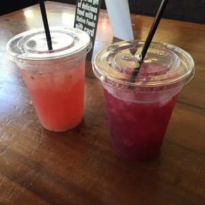 Photo of Native Foods Cafe - Santa Monica, CA, United States. Watermelon fresca on the left and blueberry lavender lemonade on the right! Both are great!