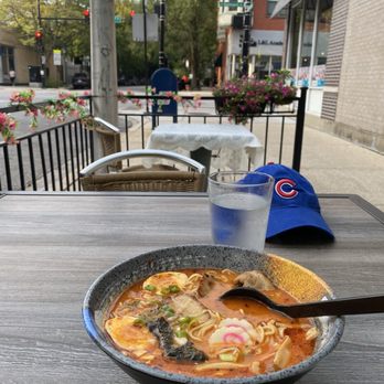 Ukai Japanese Restaurant - Spicy Miso Ramen  on the sidewalk dining seating - Japanese Near Me - Chicago, Illinois