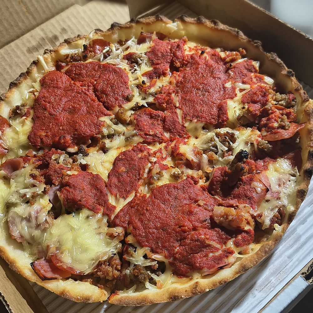 Tru Pizza - 12 inch Deep Dish Meat Lovers Pizza with Vegan Cheese - Gluten-Free Near Me - Troy, Michigan Tru Pizza - 12 inch Deep Dish Meat Lovers Pizza with Vegan Cheese - Gluten-Free Near Me - Troy, Michigan