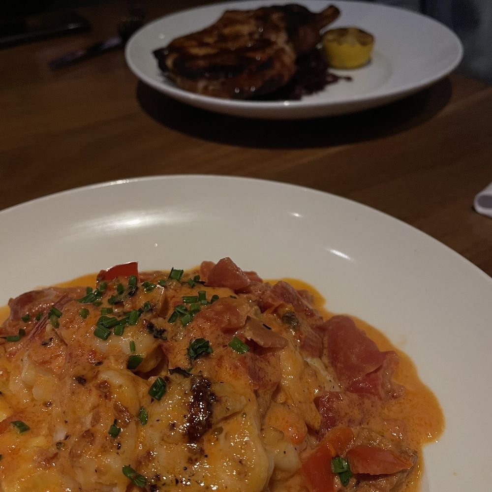Seasons 52 - Wood-Grilled Shrimp and Grits and Wood-Grilled Dry-Rubbed Pork Chop - Wine Bars Near Me - Hanover, New Jersey Seasons 52 - Wood-Grilled Shrimp and Grits and Wood-Grilled Dry-Rubbed Pork Chop - Wine Bars Near Me - Hanover, New Jersey