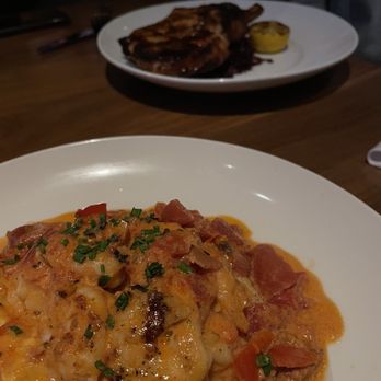Seasons 52 - Wood-Grilled Shrimp and Grits and Wood-Grilled Dry-Rubbed Pork Chop - Wine Bars Near Me - Hanover, New Jersey Seasons 52 - Wood-Grilled Shrimp and Grits and Wood-Grilled Dry-Rubbed Pork Chop - Wine Bars Near Me - Hanover, New Jersey