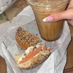 lox everything bagel and iced vanilla latte w/ caramel drizzle