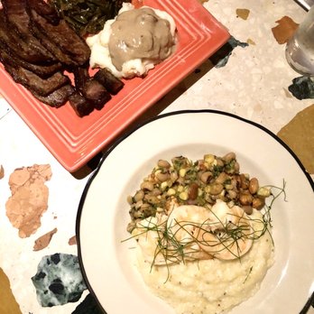 Thunderbolt - 18-Hour Brisket w/ Collard greens (left) + Pickled Shrimp & Geechie Boy Grits (right) - Bars Near Me - Los Angeles, California Thunderbolt - 18-Hour Brisket w/ Collard greens (left) + Pickled Shrimp & Geechie Boy Grits (right) - Bars Near Me - Los Angeles, California