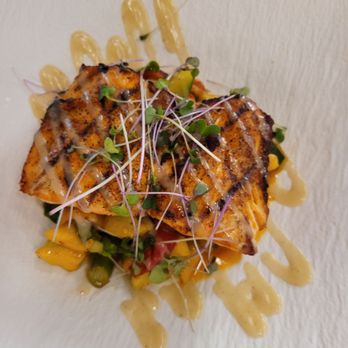 Rose Park Bistro - Blackened Salmon. Menu photo lists ingredients - Cocktail Bars Near Me - Roseville, California
