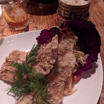 Bida Manda - Green papaya salad with crispy dill and lemongrass trout - amazing!! - Laotian Near Me - Raleigh, North Carolina