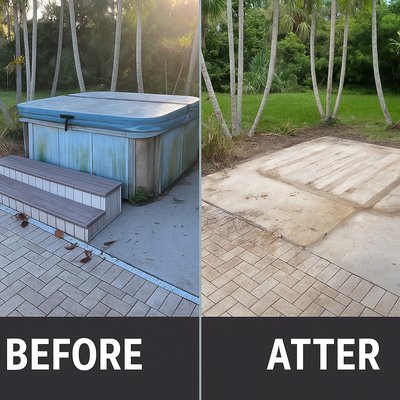 20 Year Old Hot Tub Removal - This project shows a clear before-and-after transformation: the “Before” image features an old, weathered hot tub taking up space on the patio, while the “After” image reveals a clean, open slab where the hot tub once stood, leaving the area neat and spacious. 20 Year Old Hot Tub Removal - This project shows a clear before-and-after transformation: the “Before” image features an old, weathered hot tub taking up space on the patio, while the “After” image reveals a clean, open slab where the hot tub once stood, leaving the area neat and spacious.