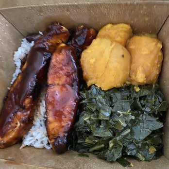 Sheba's Soul Plate - Bbq salmon rice , collard green & yams - Soul Food Near Me Sheba's Soul Plate - Bbq salmon rice , collard green & yams - Soul Food Near Me