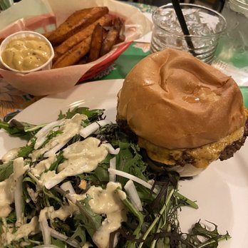 The Root Cafe - Pimento cheese burger and side salad, sweet potato fries and an old fashioned for dinner. - Cafes Near Me - Little Rock, Arkansas The Root Cafe - Pimento cheese burger and side salad, sweet potato fries and an old fashioned for dinner. - Cafes Near Me - Little Rock, Arkansas