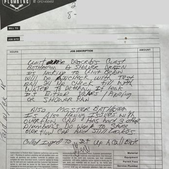 Just 1 Plumbing - a handwritten receipt for a customer - Plumbing Near Me - Miami, Florida
