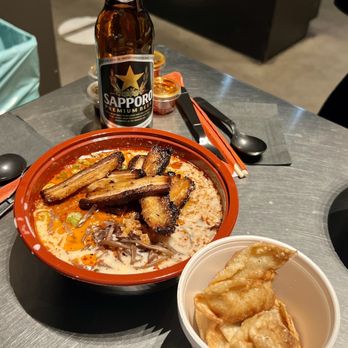 Saku Ramen - Niku Ramen with Pork.  Pork gyoza and a Sapporo.  Mmmmm - Ramen Near Me - Riverside, California