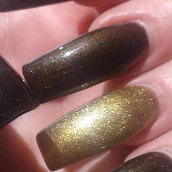 Krystal Nails - Really wish I could capture the metallic green. Love these colors - Nail Salons Near Me - Bloomfield, New Jersey