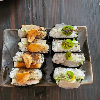 Noreetuh - Chicken Adobo musubi and scallop musubi - New American Near Me - New York, New York Noreetuh - Chicken Adobo musubi and scallop musubi - New American Near Me - New York, New York