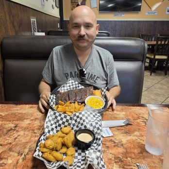 Cracker Jacks Barbecue - St. Louis Ribs, mac and cheese, and wedge fries. Fried pickles for appetizer. - Barbeque Near Me - Lancaster, California Cracker Jacks Barbecue - St. Louis Ribs, mac and cheese, and wedge fries. Fried pickles for appetizer. - Barbeque Near Me - Lancaster, California