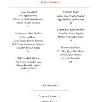 Faena Hotel Miami Beach - In Room Dinning menu - Hotels Near Me - Miami Beach, Florida