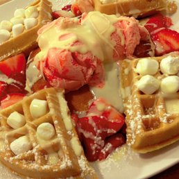 Waffles, strawberries, marshmallow & ice cream