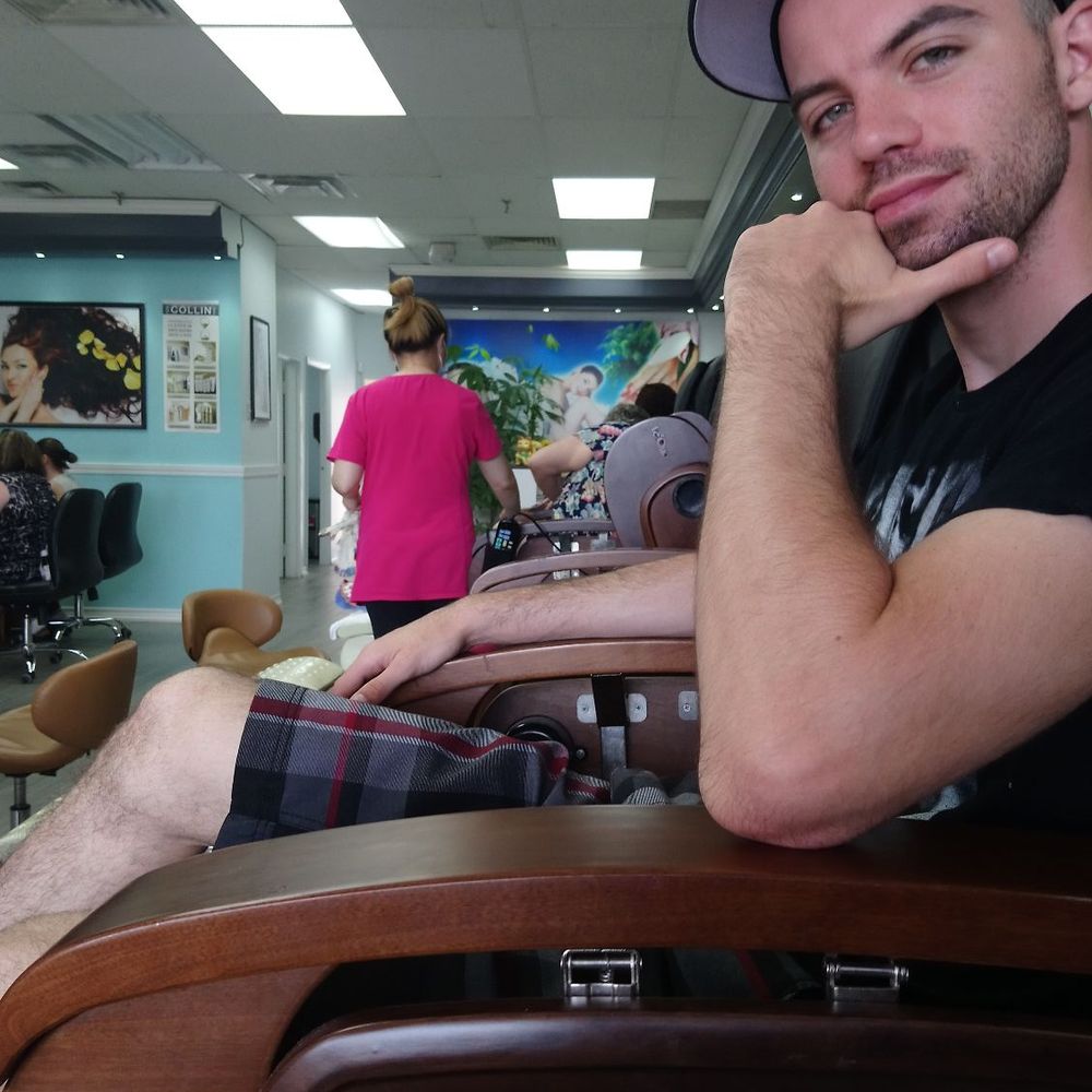 A Plus Nails & Spa - The boyfriend enjoying his lime scented pedicure. They did a great job, he's so impressed. - Nail Salons Near Me - Newmarket, Ontario
