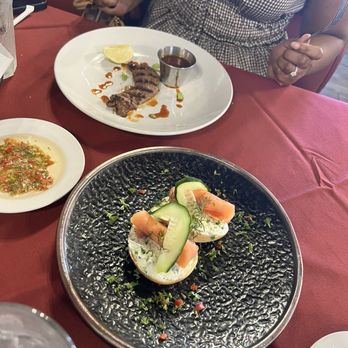 Red Flame Steak & Grill - Appetizers. The salmon bagel bite, and beef skewer. - Steakhouses Near Me - Katy, Texas
