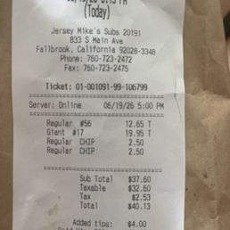 Receipt showing items ordered