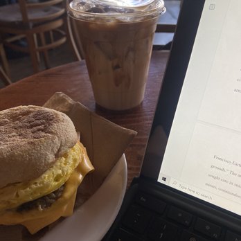 The Library - Sausage, Egg and Cheese English Muffin Sandwich Iced Carmel Machiato - Coffee & Tea Near Me - Long Beach, California The Library - Sausage, Egg and Cheese English Muffin Sandwich Iced Carmel Machiato - Coffee & Tea Near Me - Long Beach, California