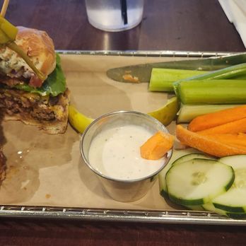 Hops Burger Bar - Classic with side of veggies - Burgers Near Me - Greensboro, North Carolina Hops Burger Bar - Classic with side of veggies - Burgers Near Me - Greensboro, North Carolina