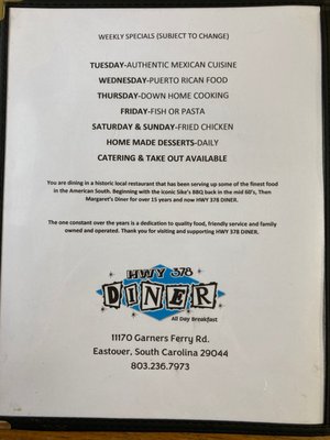 Menu photo 1 HWY 378 Diner Eastover, SC Menu photo 1 HWY 378 Diner Eastover, SC