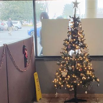 Picasso Pizza III - a decorated christmas tree in front of a window - Pizza Near Me Picasso Pizza III - a decorated christmas tree in front of a window - Pizza Near Me