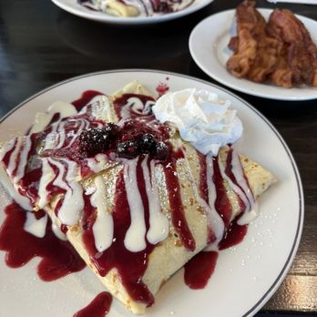MeMe's Cafe - Triple berry crepes with perfectky crispy bacon....heavenly - American Near Me - Springdale, Utah MeMe's Cafe - Triple berry crepes with perfectky crispy bacon....heavenly - American Near Me - Springdale, Utah