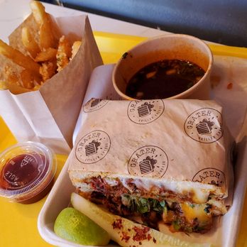 Grater Grilled Cheese - birria grilled cheese (side of birria consommé included) & pommes frites - American Near Me - Irvine, California