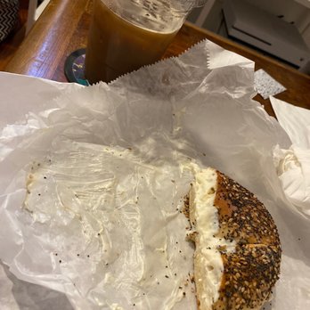 Spread Bagelry - Everything bagel with cream cheese and an oat milk latte (the latte wasn't as good as the last time I got it) - Bagels Near Me - Philadelphia, Pennsylvania