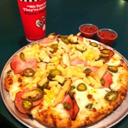 Pizza Factory - Build your own gourmet. Spinach artichoke heart Canadian bacon chicken jalapenos pineapple with a garlic ranch sauce.