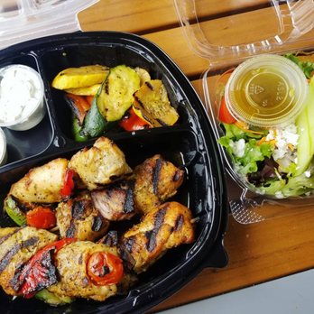Hapy Bistro - Chicken Kabob Dinner Plate with veggies and greek salad! So delicious! - Mediterranean Near Me - Pismo Beach, California Hapy Bistro - Chicken Kabob Dinner Plate with veggies and greek salad! So delicious! - Mediterranean Near Me - Pismo Beach, California