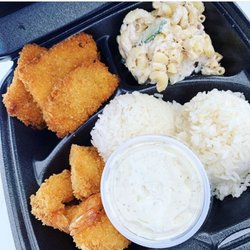 Zarpana’s Island Grill - Friday's lunch special. Homemade Ahi fillet fish, fried shrimp, rice, tuna Mac (greens if requested) and tartar sauce.
