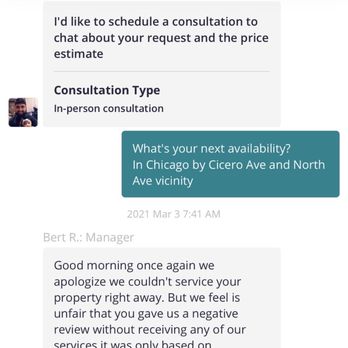 All Rooter - Responded 3/3/21 after asking for a schedule and the question was read. - The image displays a screenshot of a messaging app conversation with All Rooter Hydro Jetting Sewer & Drain, a plumbing service provider. The chat includes a customer asking about scheduling and availability in Chicago, and a manager apologizing for service delays, providing a contact number. The interface shows the business name, reviews, and service type, with timestamps and message content. - Plumbing Near Me - Chicago, Illinois